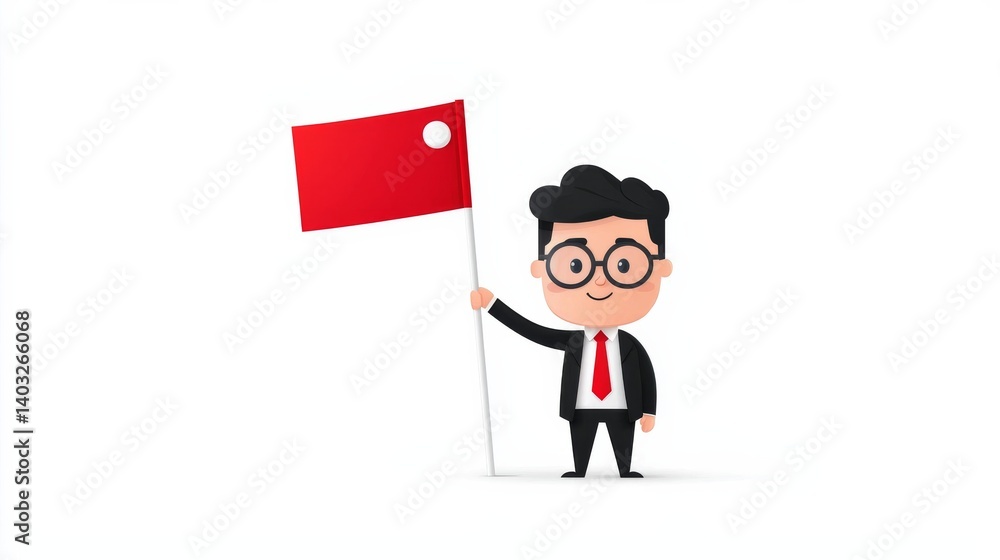 Cartoon Businessman Holding Red Flag on White Background Representing Achievement and Determination Cartoon Businessman Holding Red Flag on White Background Representing Achievement and Determination