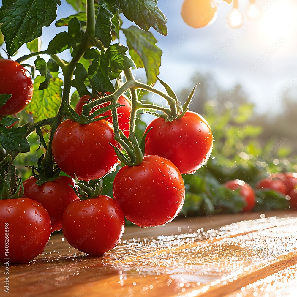 Ripe Tomatoes on Vine with Sunlight.