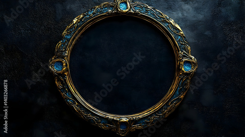 Ornate gold frame with teal accents on a dark background.
