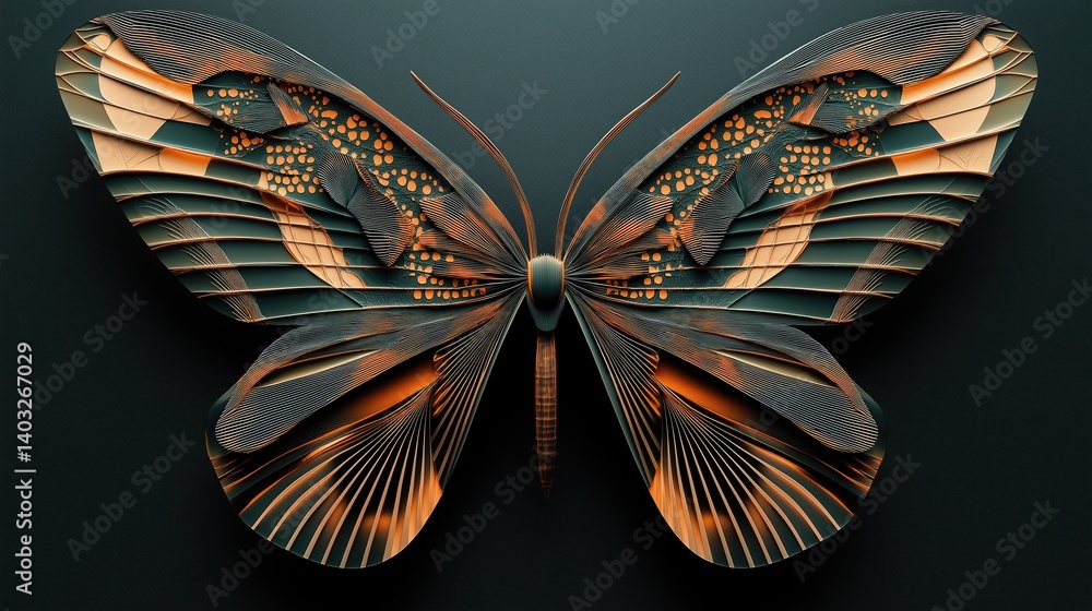 Ornate, 3D butterfly, intricate design, dark backdrop, metallic, geometric, elegant Ornate, 3D butterfly, intricate design, dark backdrop, metallic, geometric, elegant