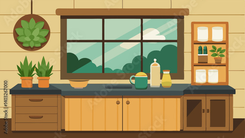 A zeninspired kitchen with natural wood cabinets a stone countertop and a small herb garden on the windowsill.