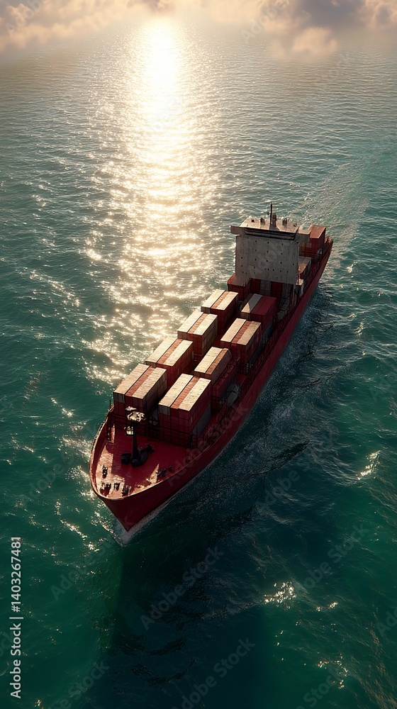 Obraz premium Cargo ship sailing on ocean at sunset