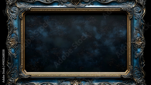 An ornate, dark-blue picture frame with gold trim.