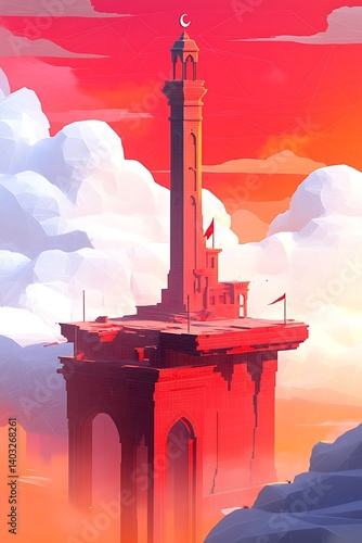 Red Tower in Misty Clouds
