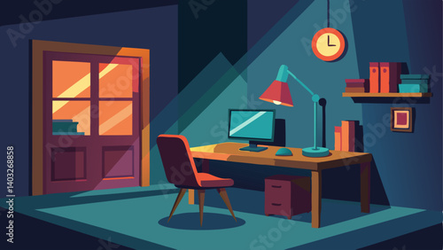 A small study nook with a desk lamp and computer tucked away in a corner of the lounge.