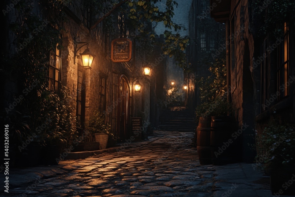 Obraz premium A narrow, cobbled alleyway bathed in warm lamplight.