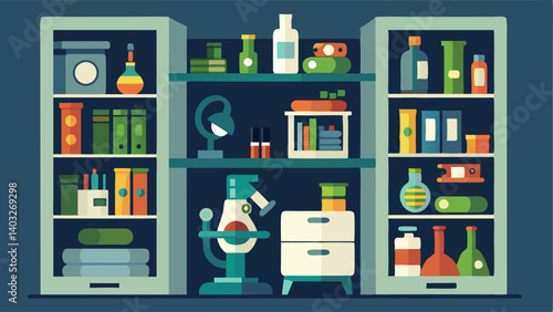 A storage closet filled with various microscopes scales and other equipment.