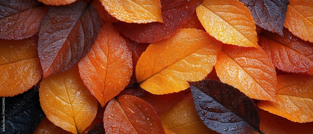 Colorful autumn leaves in shades of orange, yellow, and brown create a vibrant background