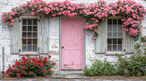 Charming Pink Cottage Door Adorned with Abundant Climbing Roses