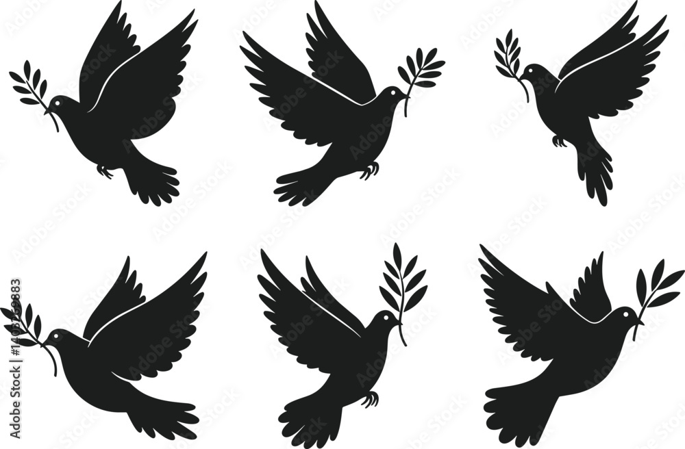 Obraz premium Set of Dove Silhouette Vectors with Olive Branch – Peace Symbol Collection