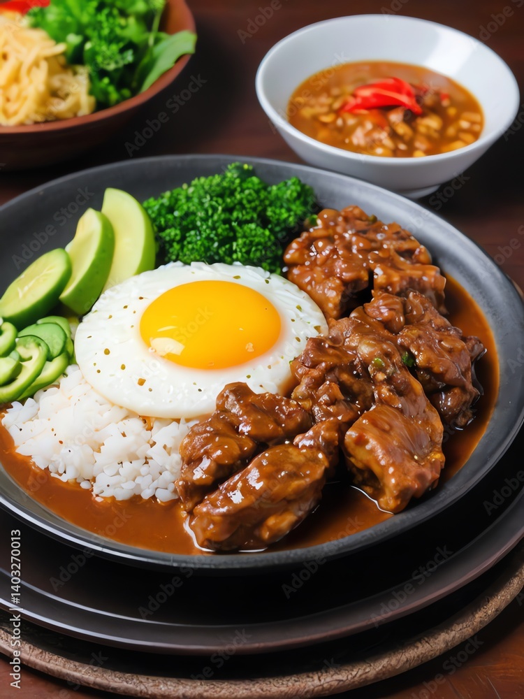 Delicious Rice Bowl with Fried Egg and Beef Curry Delicious Rice Bowl with Fried Egg and Beef Curry