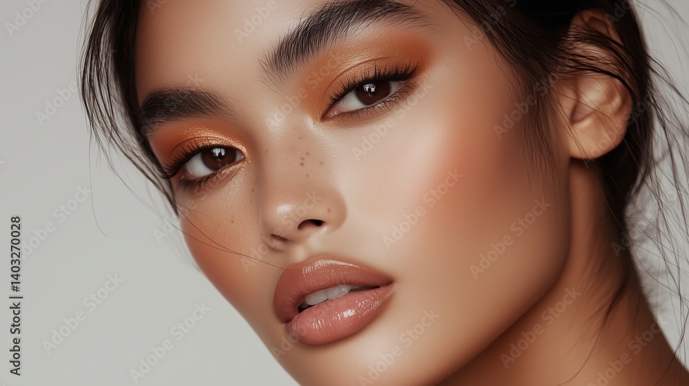 Fototapeta premium Beautiful model showcasing natural makeup look with warm tones and glowing skin for a fashion editorial shoot