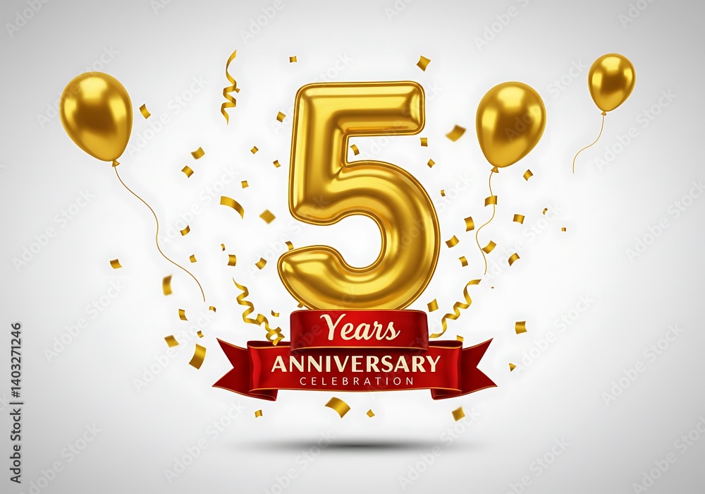 5th Anniversary Celebration with Golden Balloons and Confetti
