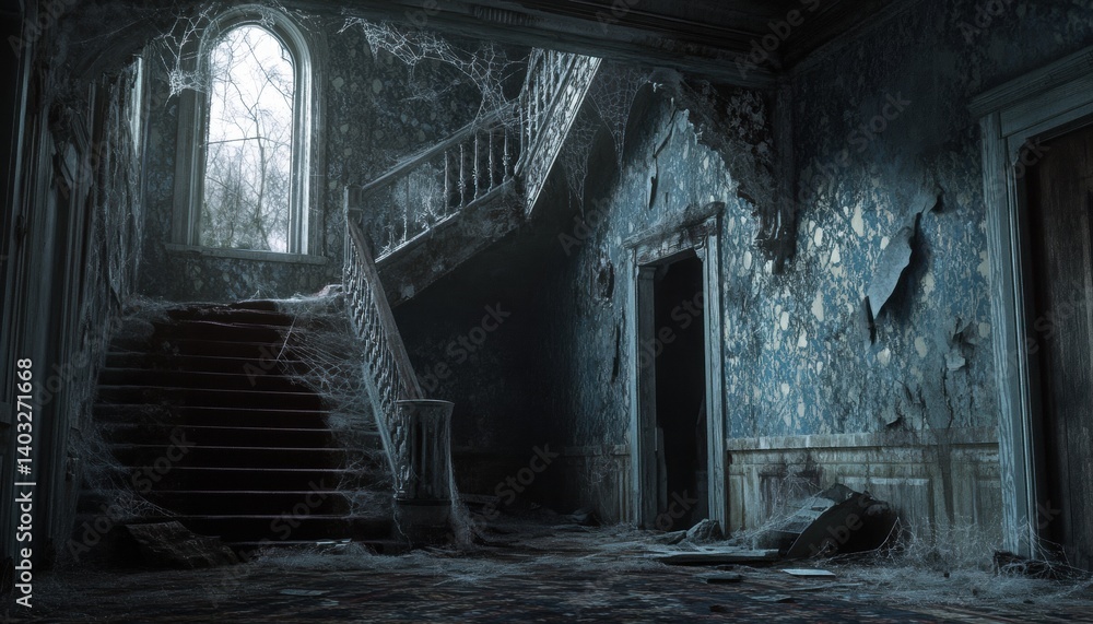 Fototapeta premium A decaying grand staircase in a forgotten mansion.