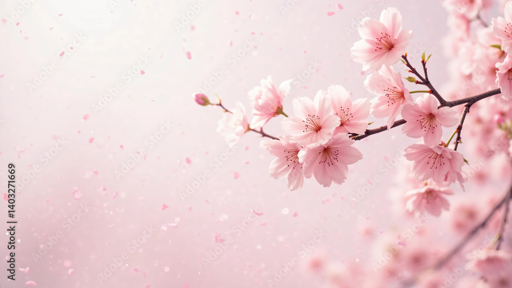 Fototapeta premium Cherry Blossom Background in Spring Season – Beautiful Pink Sakura Flowers Blooming with Soft Petals, Blue Sky, and Nature Landscape for Tranquil Floral Scenery