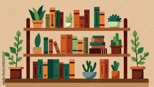 A set of rustic wooden shelves filled with books and plants.