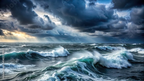 Deep grey storm clouds gather over a chaotic ocean surface with powerful waves and wind-blown spray, set against a turbulent sea background , ocean turmoil, rough seas