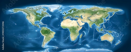 World map, Earth flat view from space. Physical map on global satellite photo -