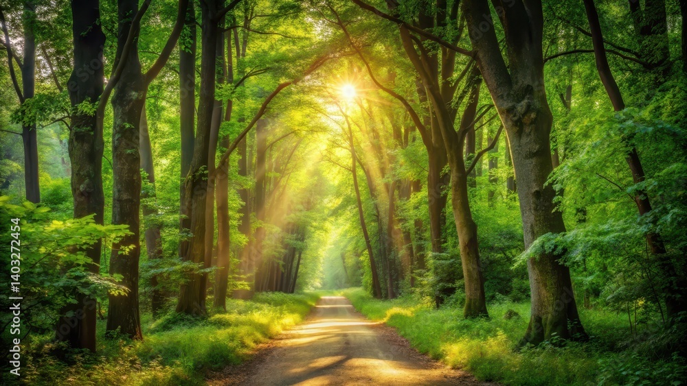 Obraz premium Serene forest pathway amidst dense greenery and towering trees with sunlight filtering through leaves, creating a peaceful ambiance , tranquil forest, foliage