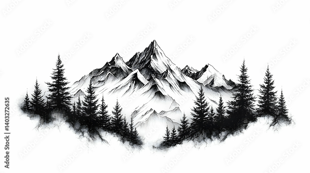 Fototapeta premium Detailed pencil sketch of majestic snowy mountains and a forest.