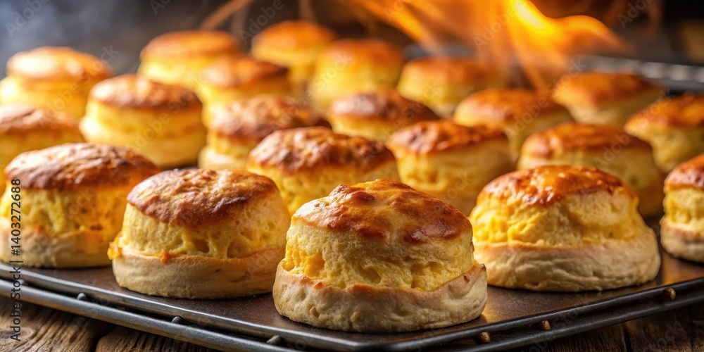 Warm golden brown scones emerging from a steaming hot oven, slightly puffed and fragrant with melted butter and cheddar cheese , home Warm golden brown scones emerging from a steaming hot oven, slightly puffed and fragrant with melted butter and cheddar cheese , home