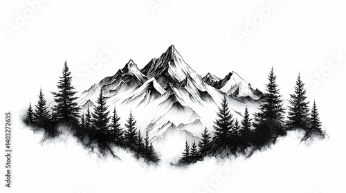 Detailed pencil sketch of majestic snowy mountains and a forest.
