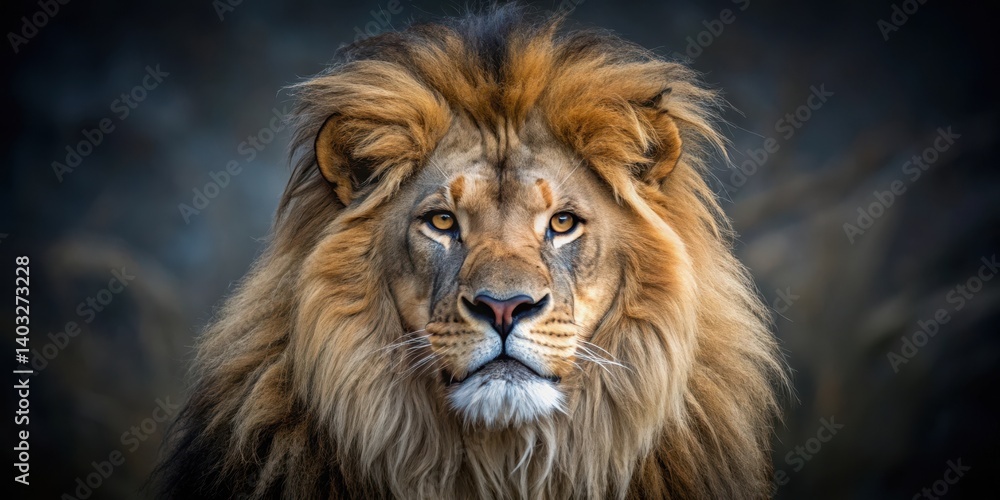 Regal yet menacing lion with voluminous mane and piercing gaze Regal yet menacing lion with voluminous mane and piercing gaze
