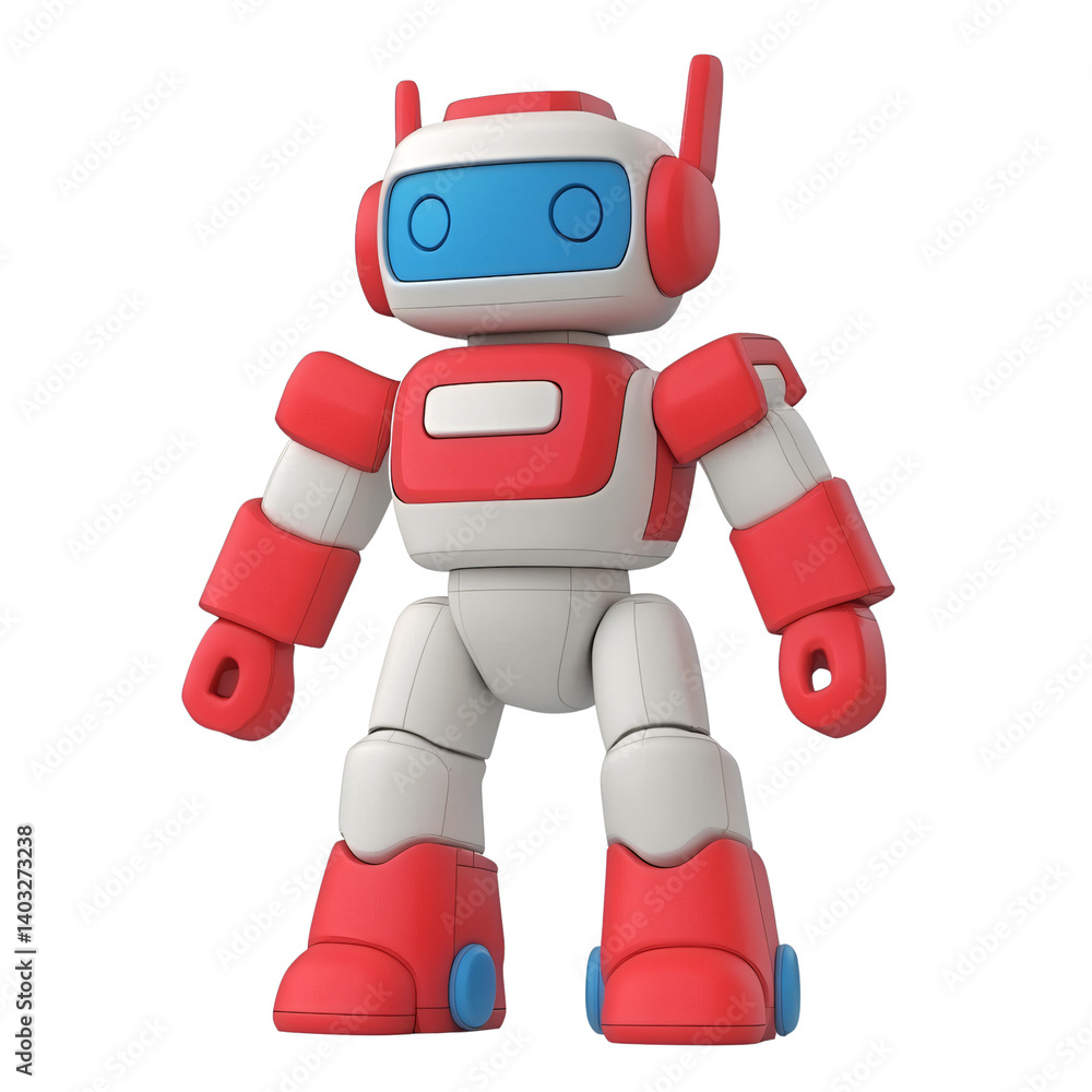 Friendly Robot Toy: A charming, friendly-looking robot toy, predominantly white and red, stands against a white background. Its design is simple yet appealing, with rounded features and bright colors. Friendly Robot Toy: A charming, friendly-looking robot toy, predominantly white and red, stands against a white background. Its design is simple yet appealing, with rounded features and bright colors.