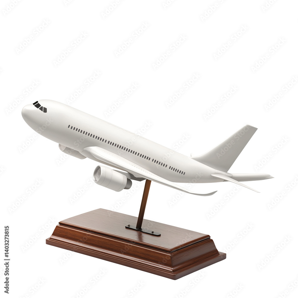 Obraz premium Airplane Model: A meticulously crafted airplane model, showcasing its streamlined design and intricate details. Mounted on a wooden base, this object is a symbol of flight and aviation technology. 