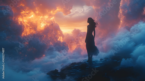 Wallpaper Mural Ethereal silhouette of a woman standing on rocky terrain amidst vibrant clouds and fiery sunset Torontodigital.ca