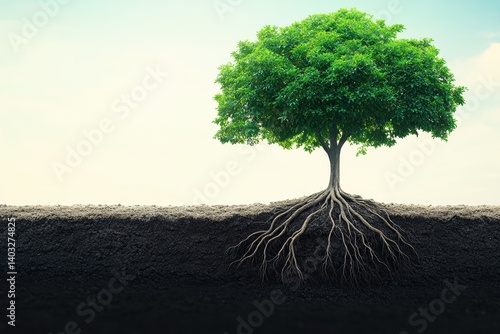 Graphic layout showcasing a tree with robust roots against a clear sky background