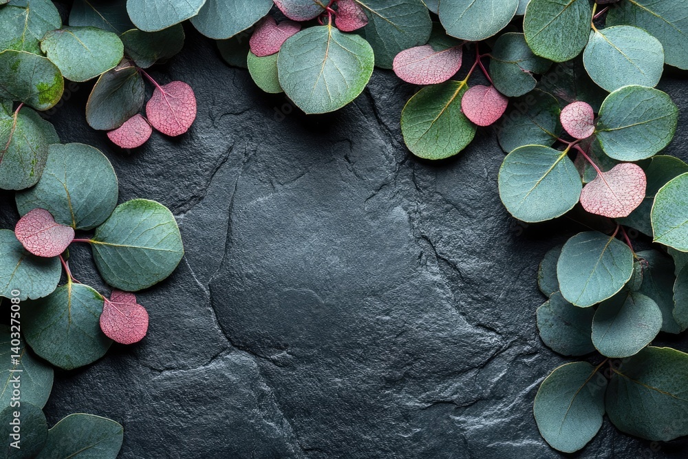 Eucalyptus leaves in varying shades of green and pink bordering a dark, textured slate background