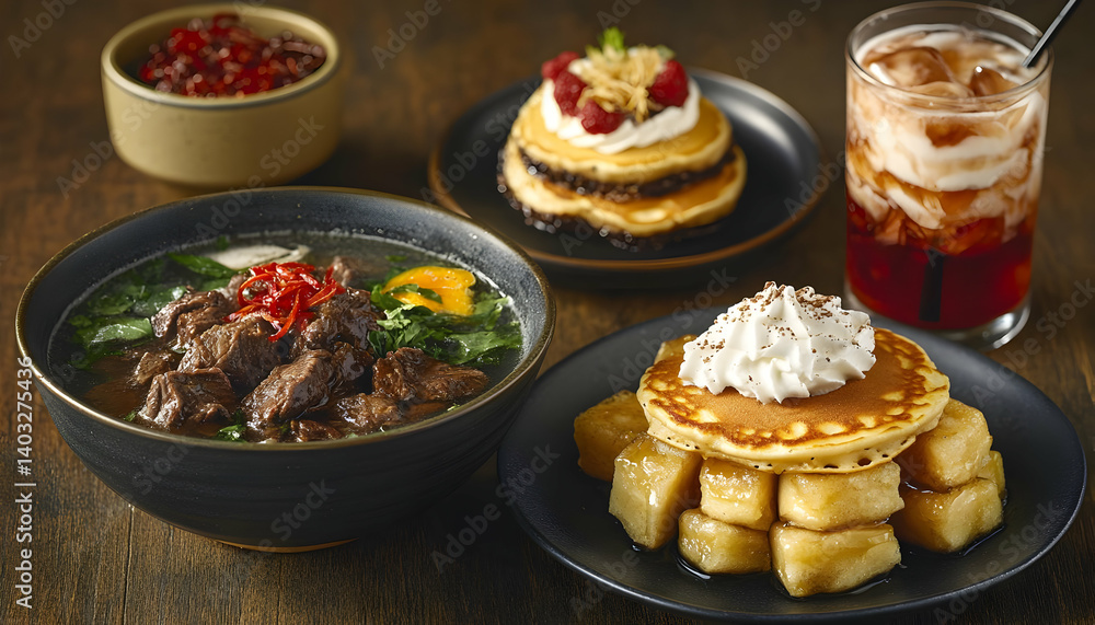 Breakfast Dishes On Wooden Table Breakfast Dishes On Wooden Table