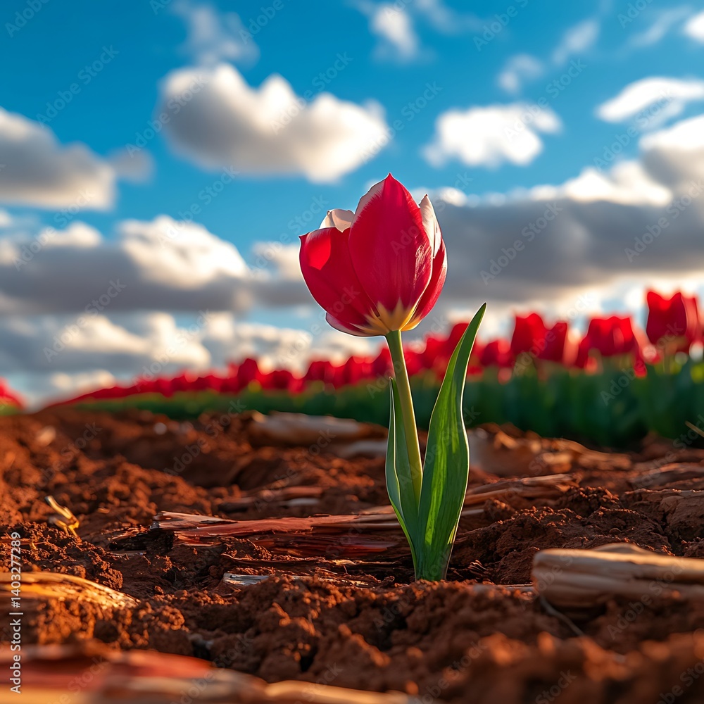 Red Tulip Field with Sunset Bloom.