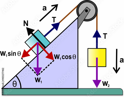 Foto Two blocks are connected by a rope over a pulley located on a frictionless incli