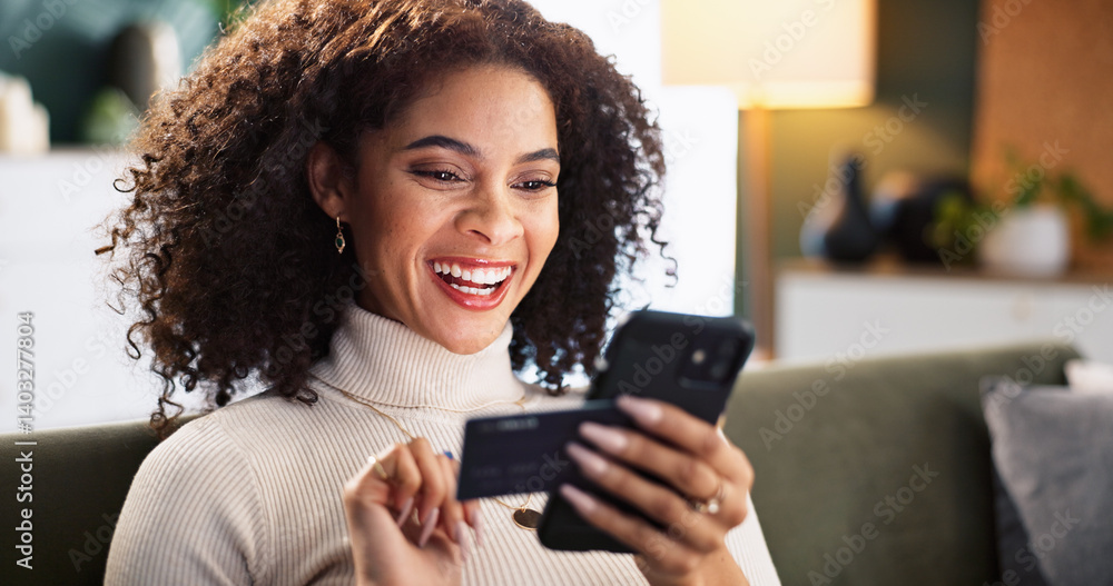 Happy woman, online shopping and phone with credit card on sofa for payment or remote banking at home. Female person, shopper or customer with smile or debit on mobile smartphone for ecommerce app
