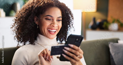 Obraz na płótnie Happy woman, online shopping and phone with credit card on sofa for payment or remote banking at home. Female person, shopper or customer with smile or debit on mobile smartphone for ecommerce app w salonie