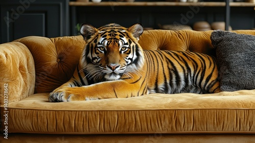 Majestic Tiger Lounging on a Luxurious Velvet Sofa
