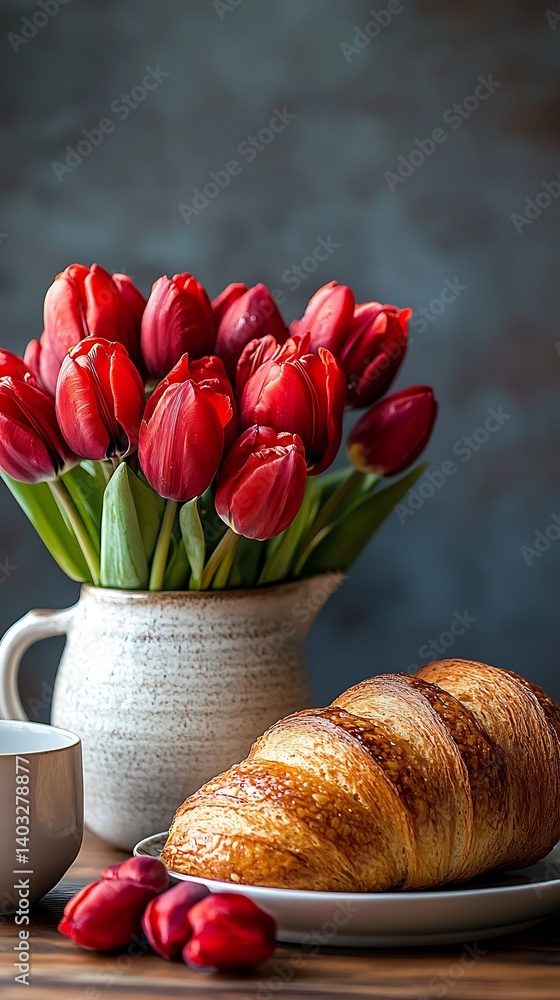 Red Tulips, Croissant, Breakfast