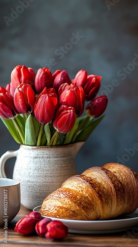 Obraz na płótnie Red Tulips, Croissant, Breakfast w salonie