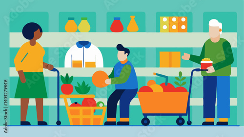 Grocery Shopping A bustling grocery store with various shoppers. A character with a prosthetic limb is reaching for items on a shelf while another person with a hearing aid is