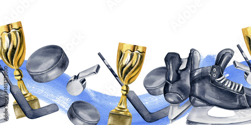 seamless border ice hockey sport, black hockey skates, goalkeeper's stick, shiny whistle of referee, Hockey Golden Cup award, blue splash, hand drawn watercolor sketch winter sport, for matches decor