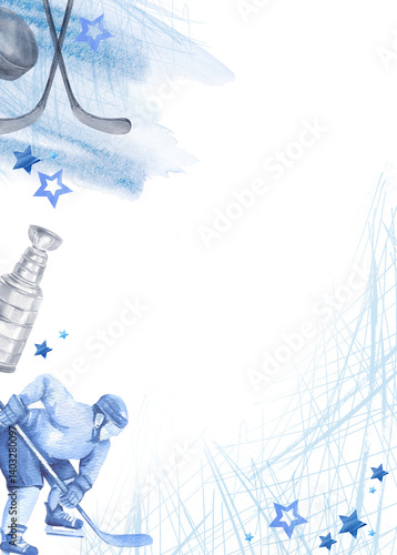 watercolor frame, hockey player with sticks, hockey cup, puck, hockey stick and textured stars on background with skate tracks on the ice, template, hand drawn sketch of ice sport for matches decor