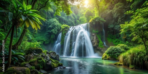 waterfall cascading through dense foliage, lush forest, outdoors, lush forest, outdoors,vine covered tree