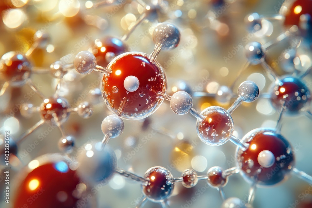 Molecular structure of water highlighted under artistic lighting effects