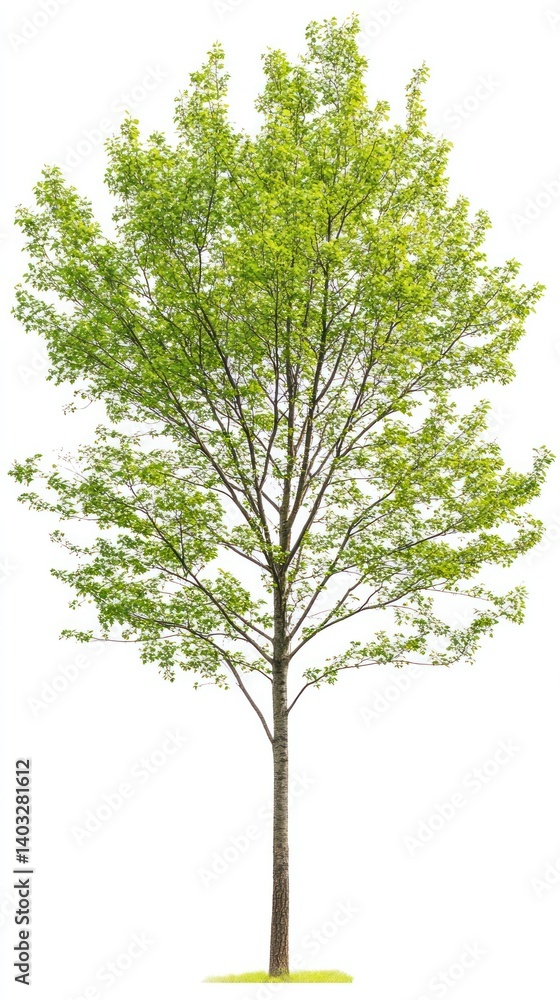 A vibrant young tree with fresh spring foliage.