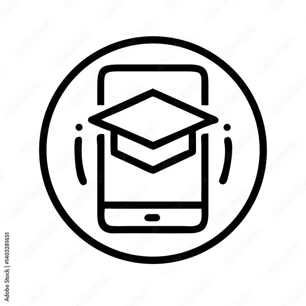 Educational app icon with graduation cap on smartphone, education concept, black and white design Educational app icon with graduation cap on smartphone, education concept, black and white design