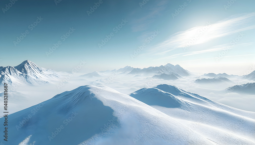 Expansive snowy mountain landscape under a clear blue sky with distant peaks and soft clouds Expansive snowy mountain landscape under a clear blue sky with distant peaks and soft clouds