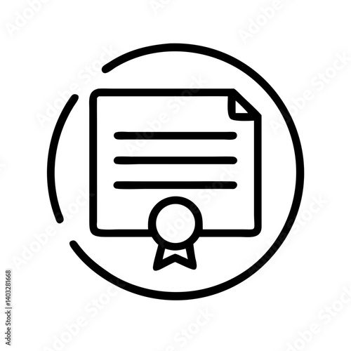 Course completion certificate icon in circle, education concept, black and white design