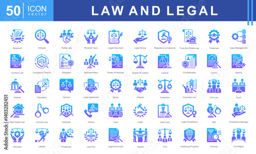 Law and Legal icon set featuring icons for contracts, legal compliance, court proceedings, and professional representation. Ideal for legal services, law firms, and justice-related projects.